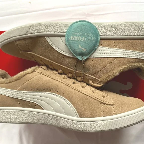 NIB PUMA Vikky V2 Fur Suede Court Sneaker in Nougat/White - Picture 6 of 8